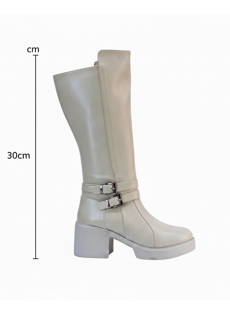 لايف ستيلاش  بوت طويل بكعب متوسط من الجلد أنيق LB-40 - بيج - Image 2